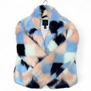 NWOT Faux Fur Diamond Patterned Colourful Statement Coat Glam Mob Wife